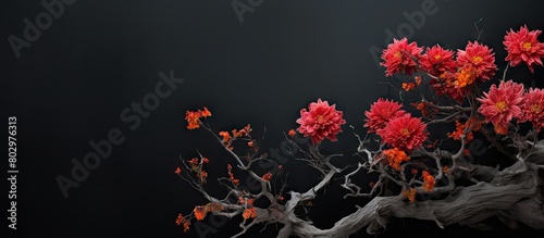 A festive background with a black color hosts an image of a cut tree and vibrant chrysanthemum flowers There is also ample space for text on the image photo