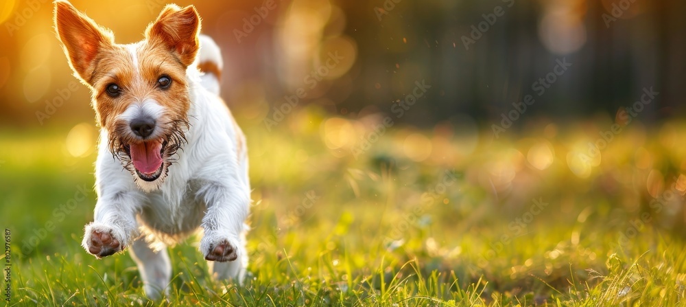 Cheerful young puppy dog happily playing and running on vibrant green grass field