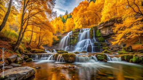 Piękny jesień krajobraz z żółtymi drzewami i siklawą