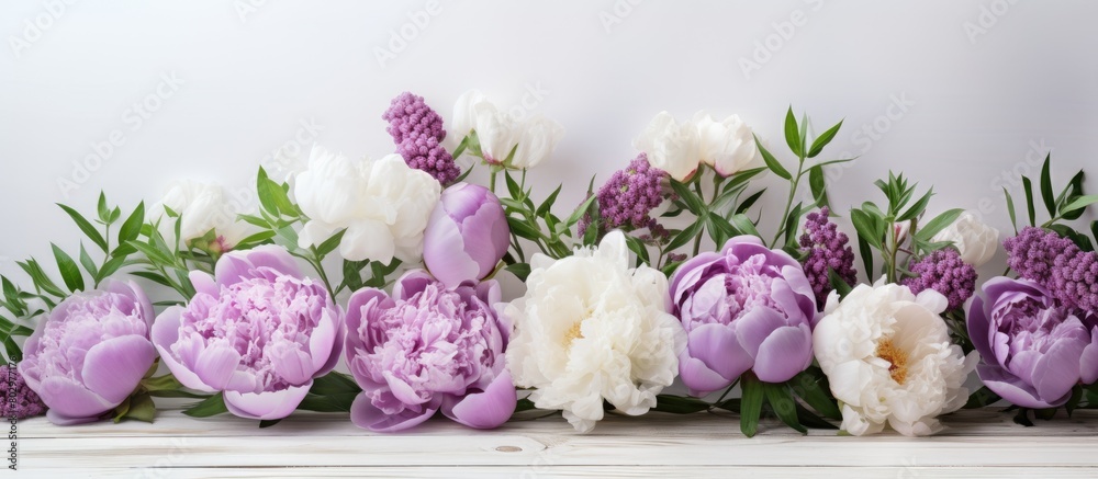A closeup of a white wooden background showcases a beautiful bouquet of peonies and lupines perfect for summer weddings birthdays or any other lifestyle celebration Ample copy space is available A closeup of a white wooden background showcases a beautiful bouquet of peonies and lupines perfect for summer weddings birthdays or any other lifestyle celebration Ample copy space is available