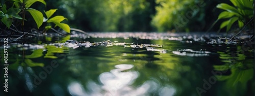 Green leaves reflecting in the water  shallow focus