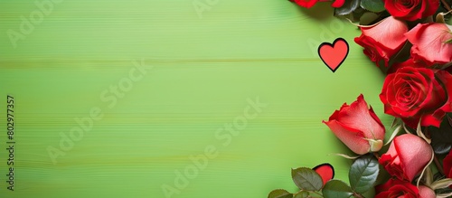 A copy space image of rose flowers and buds arranged in a corner with a green frame Additional elements include wooden hearts lettering LOVE and a red paper background This card is perfect for Valent photo