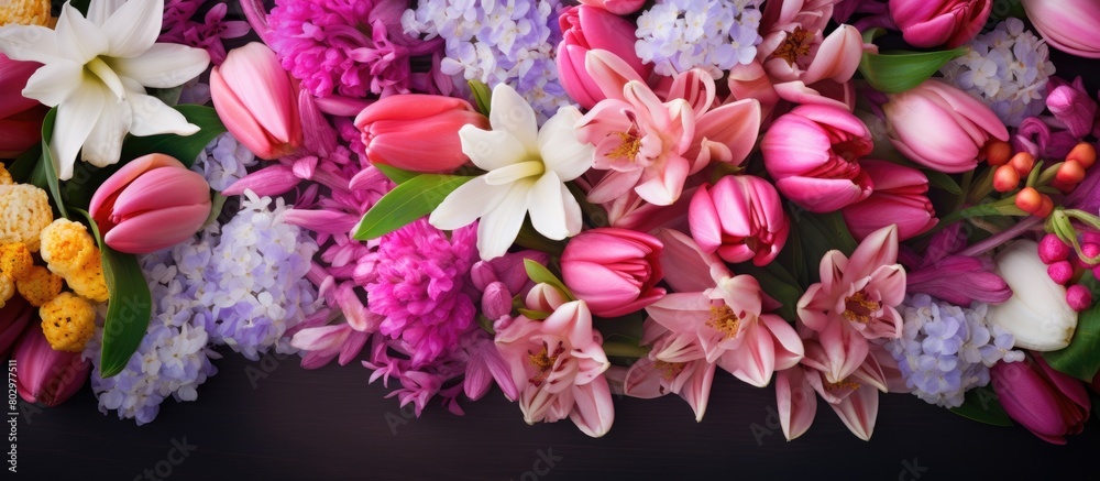 A colorful spring flower bouquet with pink petals arranged horizontally for a greeting card or banner The top view of the image allows for text in the copy space A colorful spring flower bouquet with pink petals arranged horizontally for a greeting card or banner The top view of the image allows for text in the copy space