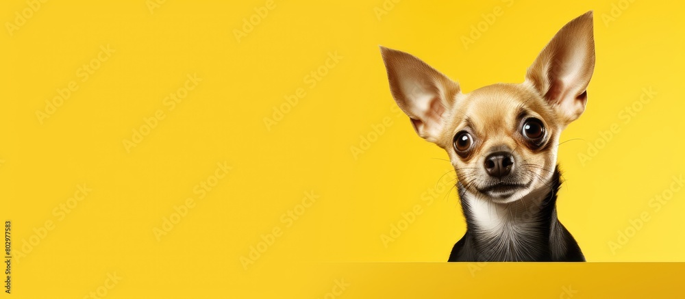 A Chihuahua dog with a yellow background is gazing directly at the camera offering a copy space image for your text