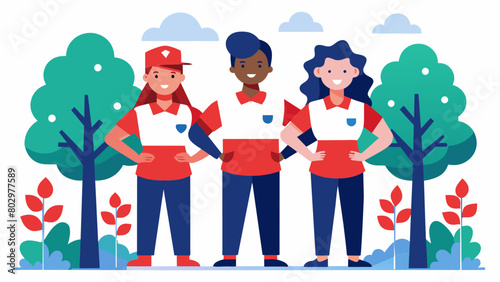 A group of volunteers dressed in Independence Day colors of red white and blue standing proudly next to the trees they have planted. With their arms. Vector illustration