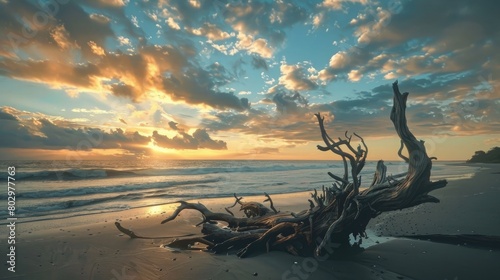 Driftwood on beach during golden hour