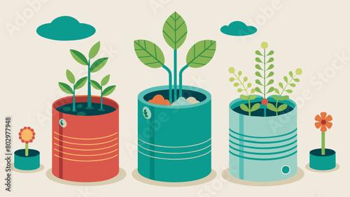 Learn how to make unique and stylish planters by repurposing old tin cans.. Vector illustration