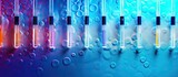 A colorful background with copy space showcases a row of syringes creating a top view that conveys the concept of health and vaccination