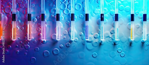 A colorful background with copy space showcases a row of syringes creating a top view that conveys the concept of health and vaccination photo
