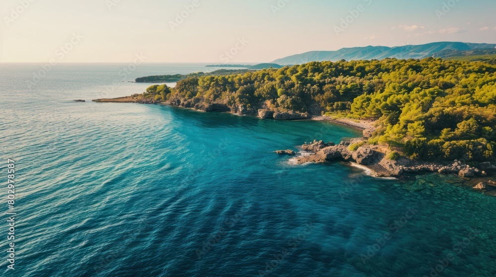 Aerial view beautiful nature beach with calm waves on turquoise water surface. AI generated image