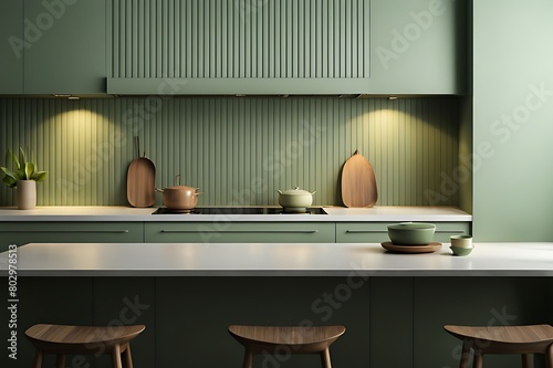  Modern kitchen and dining room on empty green wall background- 3D rendering  © Land Stock