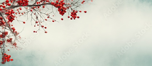 A festive background with branches of a pine tree and vibrant red rowan berries creating a perfect copy space image for Christmas and New Year celebrations photo