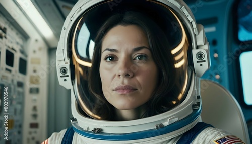 portrait of astronaut woman inside the space shuttle