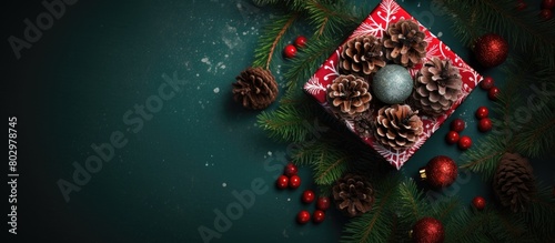 A Christmas ornament with candy canes and pinecones is placed inside a red box The image has a flat lay concept and is set on a traditional dark green background It conveys a winter night ambiance pe photo