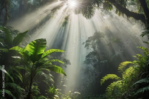 Enchanting rays of sunlight filtering through the verdant tropical rainforest canopy  casting a spellbinding aura of mystique and beauty.