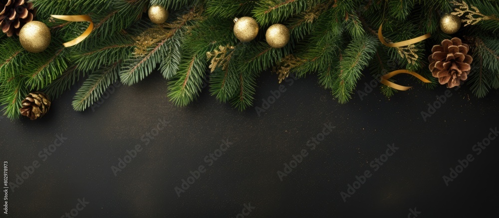 A festive Christmas background featuring a top view of fir branches adorned with Christmas decorations Ample copy space is available for text