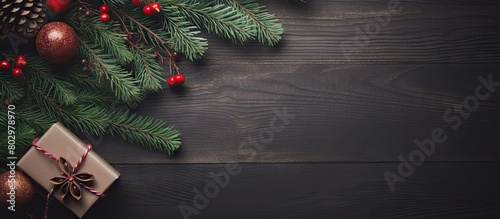A festive arrangement with presents and evergreen branches during the holiday season Capturing the essence of Christmas winter and the New Year the photo is taken from above with a flat lay perspecti