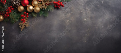 A festive Christmas background featuring a top view of fir branches adorned with Christmas decorations Ample copy space is available for text