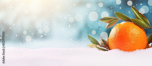 A festive banner showcasing a mandarin shaped Christmas ornament nestled in snowy scenery with gentle snowfall The backdrop is a vibrant orange color offering ample space for text Perfect for Christm photo