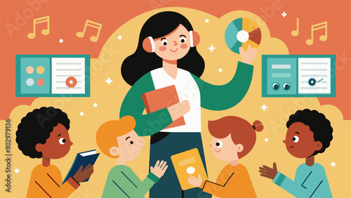 As the teacher plays snippets of songs on different records the children try to guess the artist and genre promoting critical thinking skills. Vector illustration