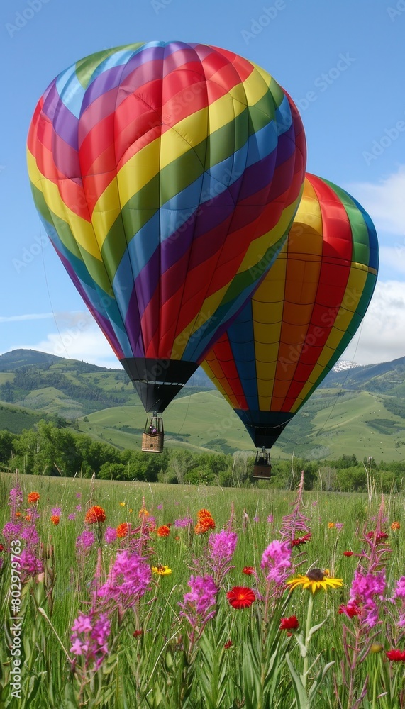 Fototapeta premium Majestic colorful hot air balloons drifting over picturesque mountainous terrain