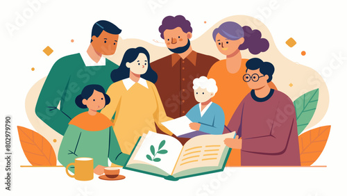 A family working together to create a scrapbook of their family history filled with old photographs documents and personal stories. The scrapbook. Vector illustration