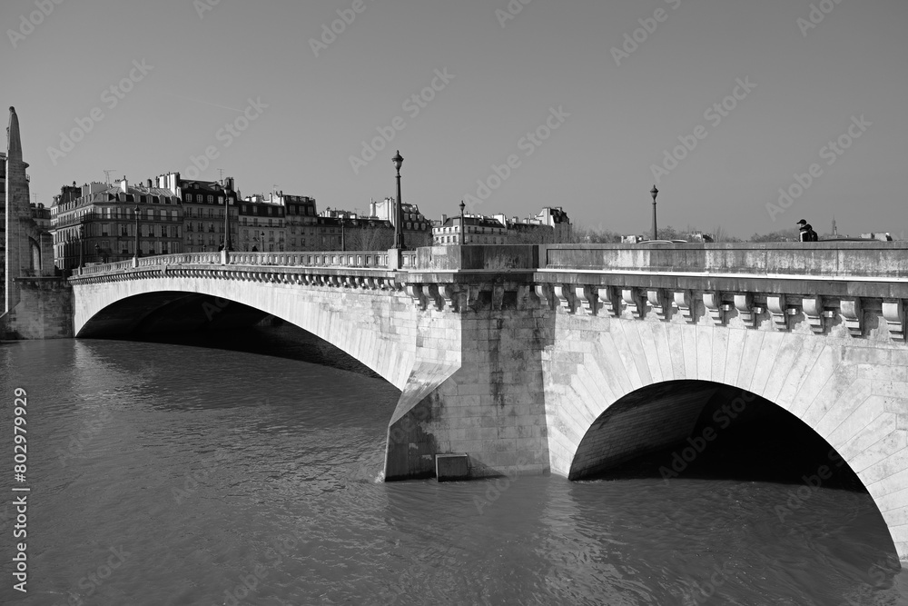 The Pont de la Tournelle, a famous bridge crossing the Seine in Paris, France . Black and white image.