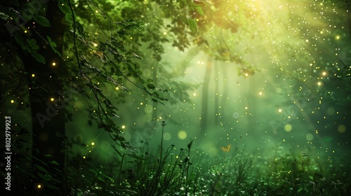 an enchanted forest where emerald leaves shimmer with iridescent hues, mingling with the glow of fireflies lights beneath a star-strewn sky, spellbinding realm of magic and mystery, awaiting discover photo