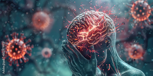 Neurological Sequelae of COVID-19: The Cognitive Impairment and Fatigue - Visualize a person with a highlighted brain affected by COVID-19, experiencing cognitive impairment and fatigue photo