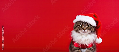 A cute cat wearing a Christmas mask posing on a red background with copy space image