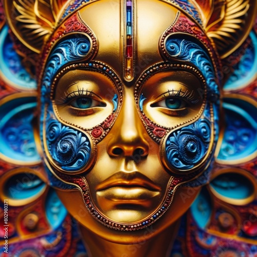 A close up image of a golden mask with blue and red accents, the mask is highly detailed and has a feminine face with a serious expression.