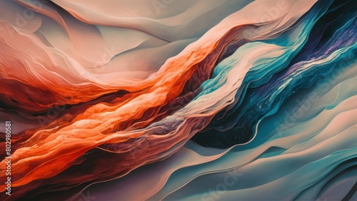 Dynamic clash of cool blue and warm red-orange fluids. photo