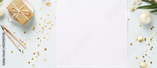 A close up overhead view of a table with a notepad stationery and no people This copy space image represents Boss Day a holiday for celebrating and congratulating loved ones relatives friends and col photo