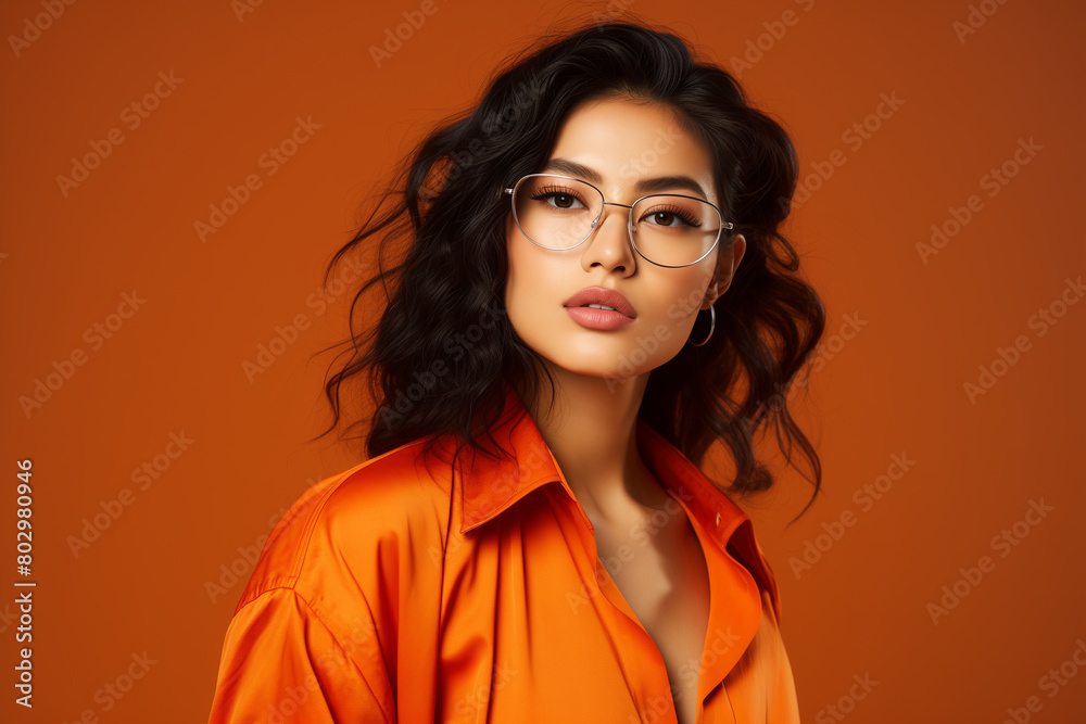 portrait of a atractive asian woman, glasses. orange solid background portrait of a atractive asian woman, glasses. orange solid background