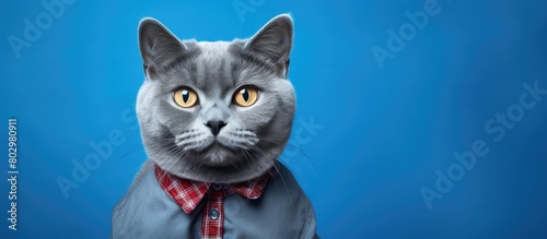 A blue shirt with Scottish cat clothing displayed against a copy space image