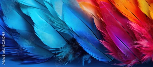 A blue background provides copy space for the vibrant multi colored feathers