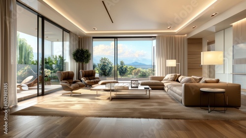 Modern cozy interior living room design with furniture and beige color wall. AI generated image