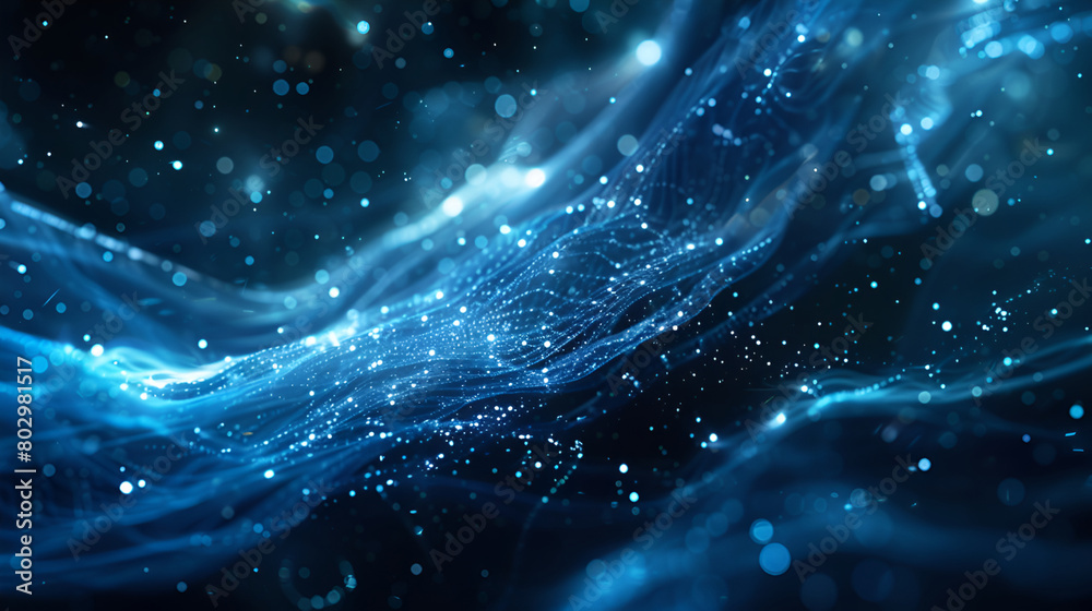 Abstract background with glowing particles, wave lines and bokeh, blue ...