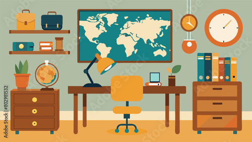 A travelinspired home office decorated with thrifted globes a repurposed suitcase desk and a thrifted vintage map.. Vector illustration
