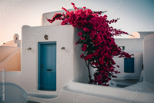 Traditional Greek Island Architecture with Vibrant Sunset and Floral Accents
