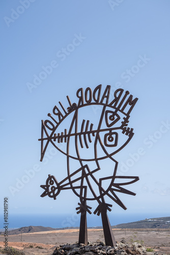 Metal sign designed by artist Cesar Manrique of El Rio viewpoint. Lanzarote, Canary Islands, Spain