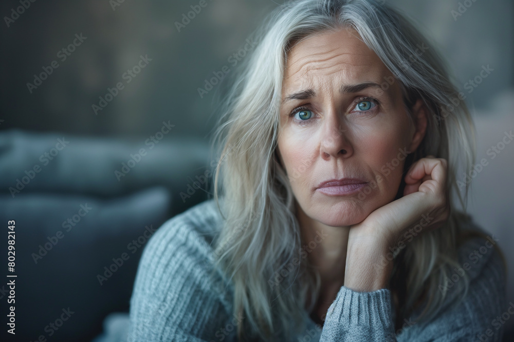 Upset mature woman sitting alone, feeling lonely and unwell
