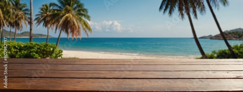 long wooden table with beach landscape blur background, palm trees