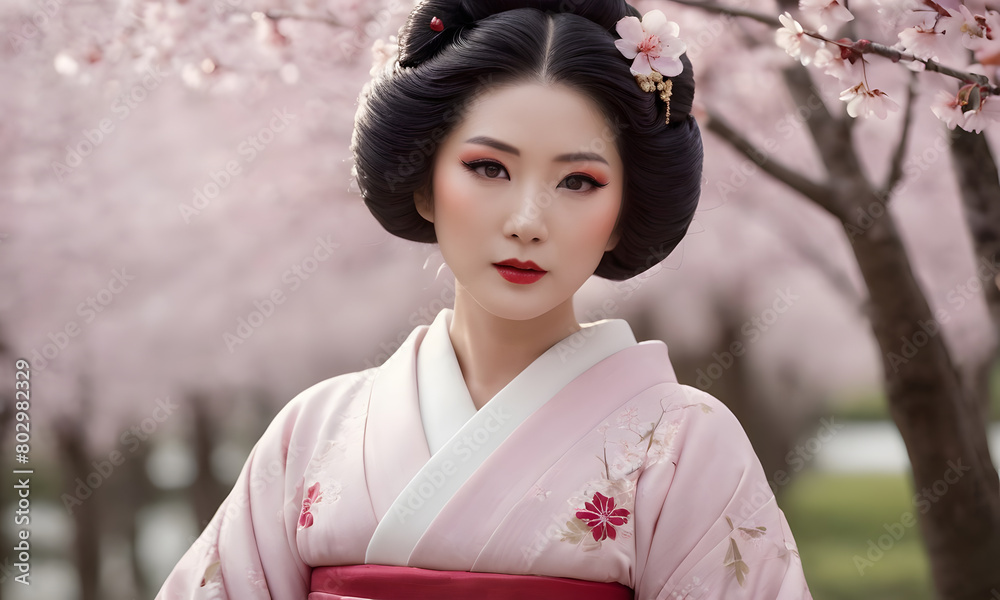 Elegant Geisha in Traditional Attire with Cherry Blossoms in Spring