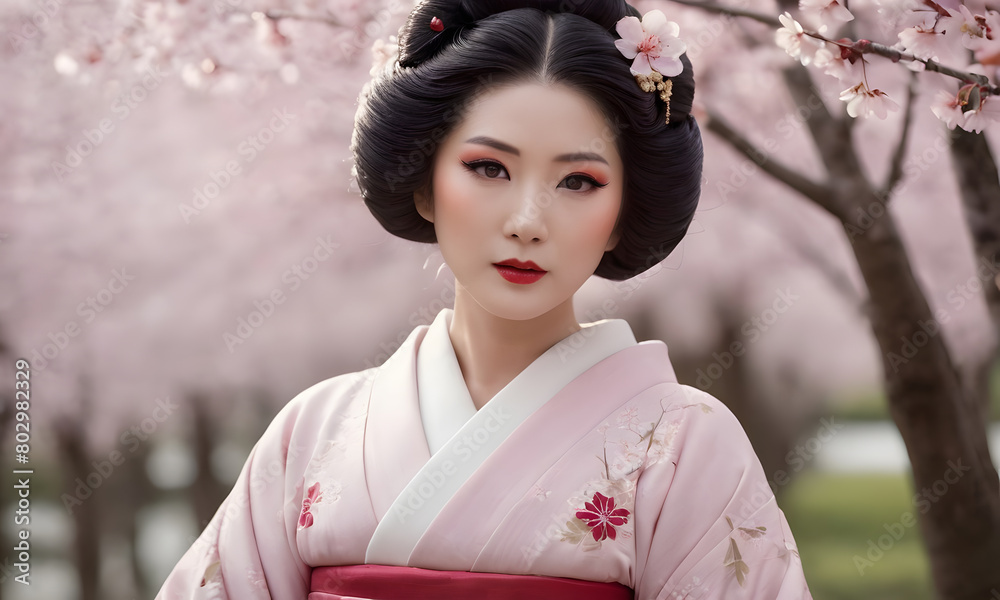 Elegant Geisha in Traditional Attire with Cherry Blossoms in Spring Elegant Geisha in Traditional Attire with Cherry Blossoms in Spring