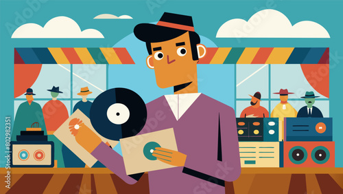 A vendor proudly displays vintage vinyl records each with its own unique cover art and story attracting a crowd of potential buyers at the fair. Vector illustration