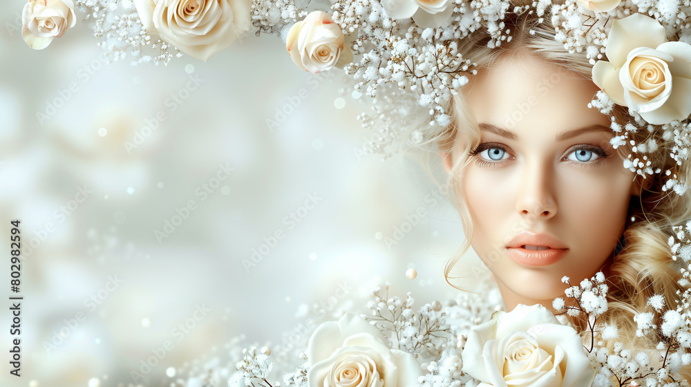 spring theme, charming girl, spring landscape, healthy hair, invitation to visit beauty salons