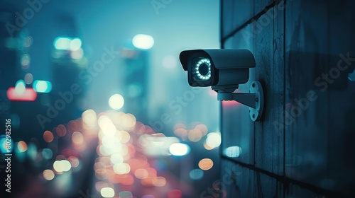 Closeup modern CCTV outdoor camera on wall, defocused colorful light cityscape at night. AI generate photo