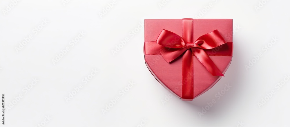 A copy space image featuring a heart shaped gift box seen from above resting on a white background