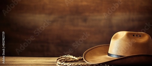 A cowhide with a light colored lariat rope and a straw cowboy hat placed on top creating a visually appealing copy space image photo